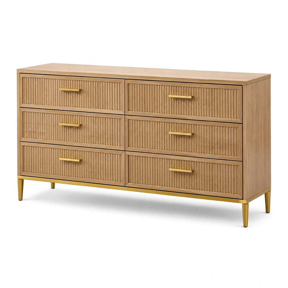 Cassettiera in Legno di Rovere e Metallo Dorato con 6 Cassetti