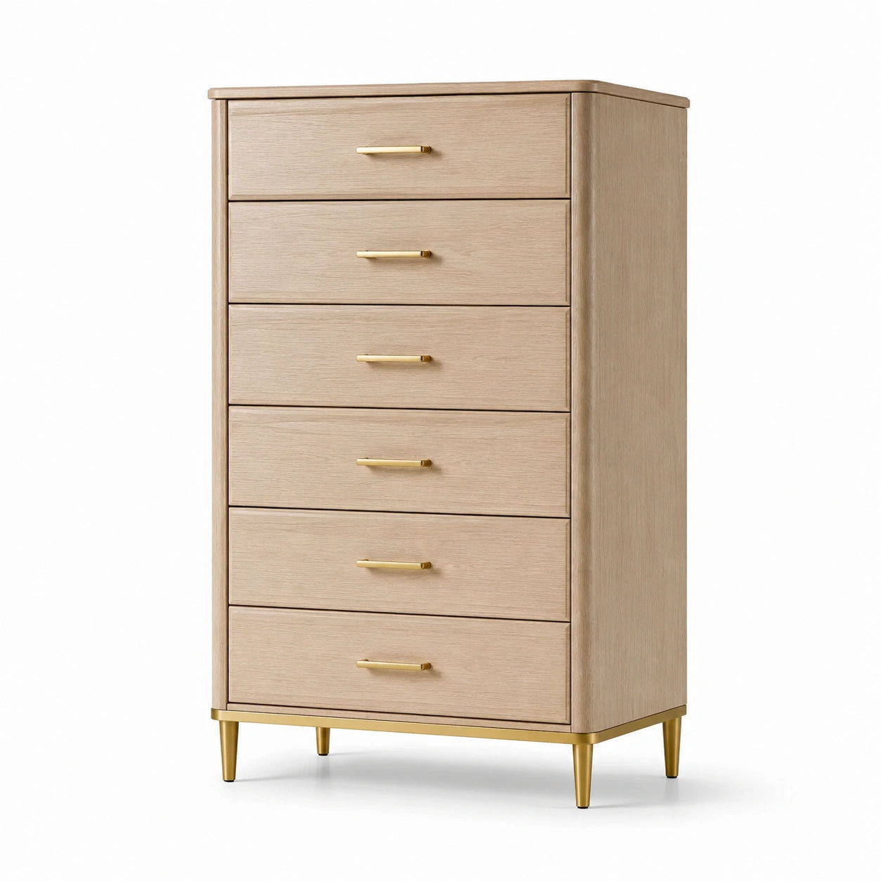 Cassettiera a 6 Cassetti in Rovere e Ottone, Colore Naturale