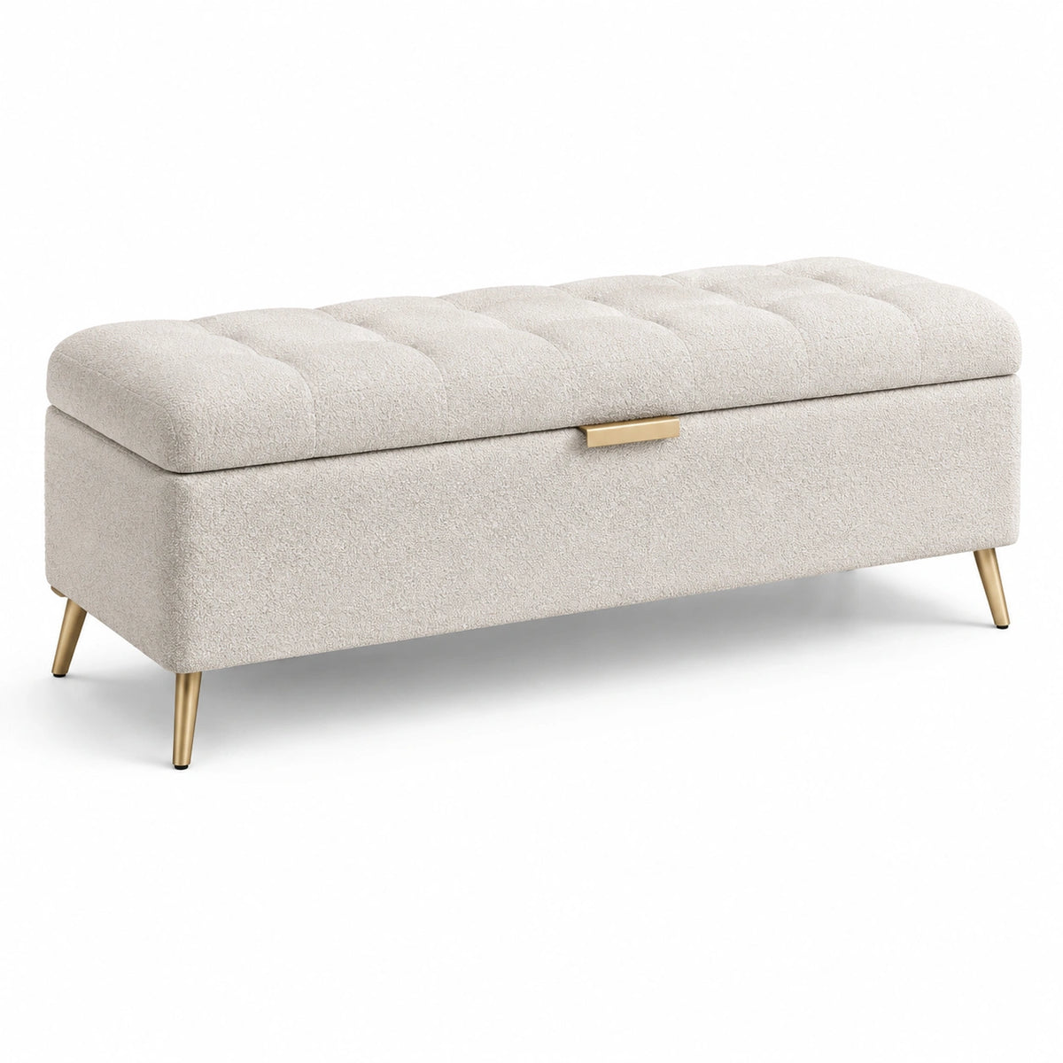 Panca contenitore in tessuto bouclé con gambe in metallo dorato 120x40x45 cm beige