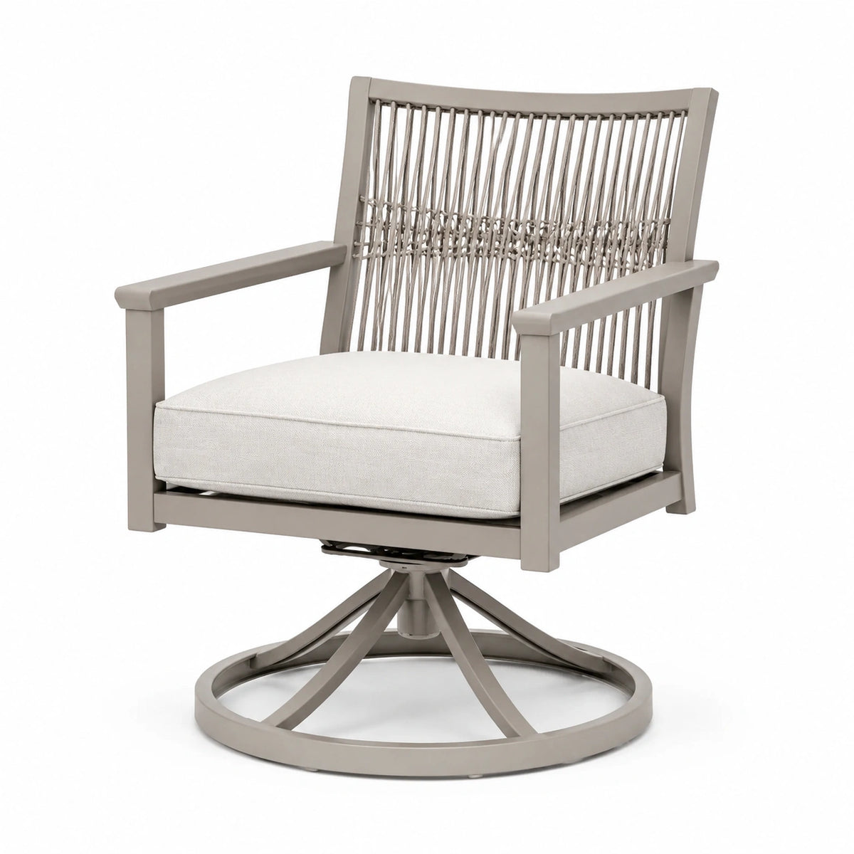 Poltrona girevole in metallo e rattan sintetico grigio con cuscino in poliestere crema