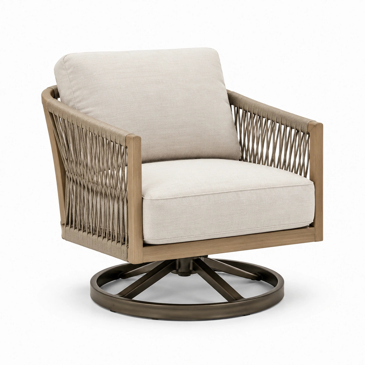 Poltrona girevole in legno e metallo con cuscini in tessuto beige