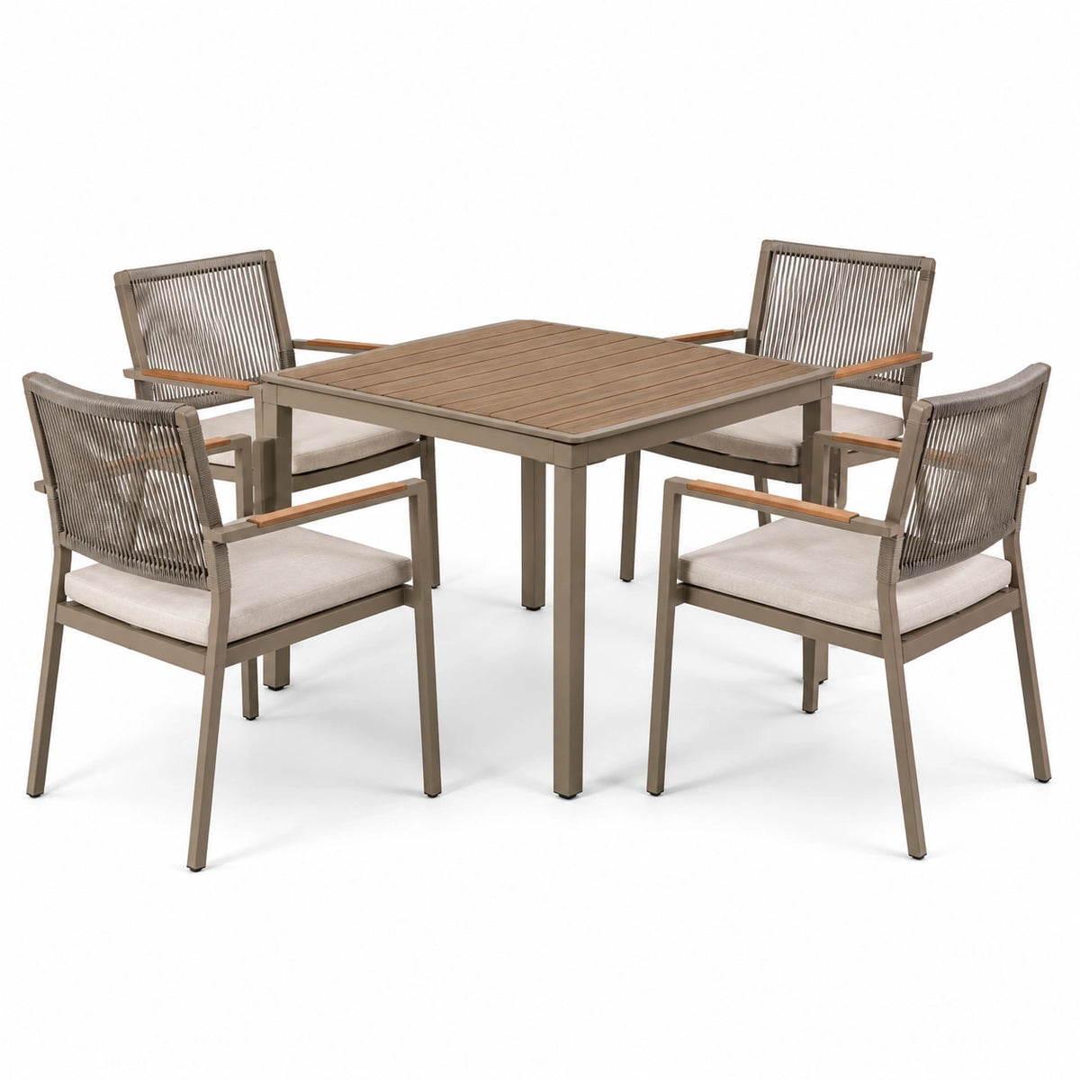 Set da pranzo in alluminio e polietilene con tavolo 90x90 cm e 4 sedie