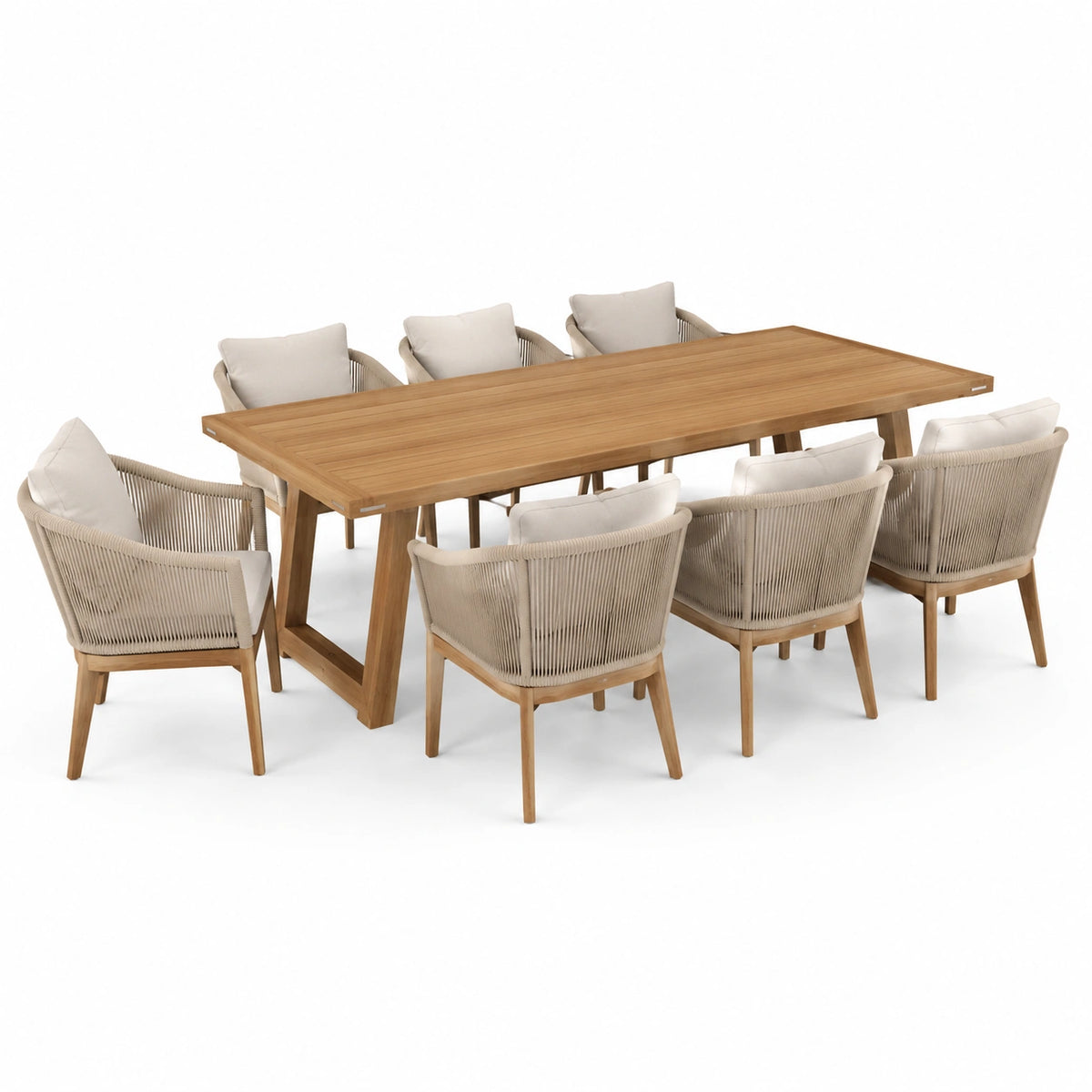 Set da pranzo in teak con tavolo rettangolare e 8 sedie, colore beige