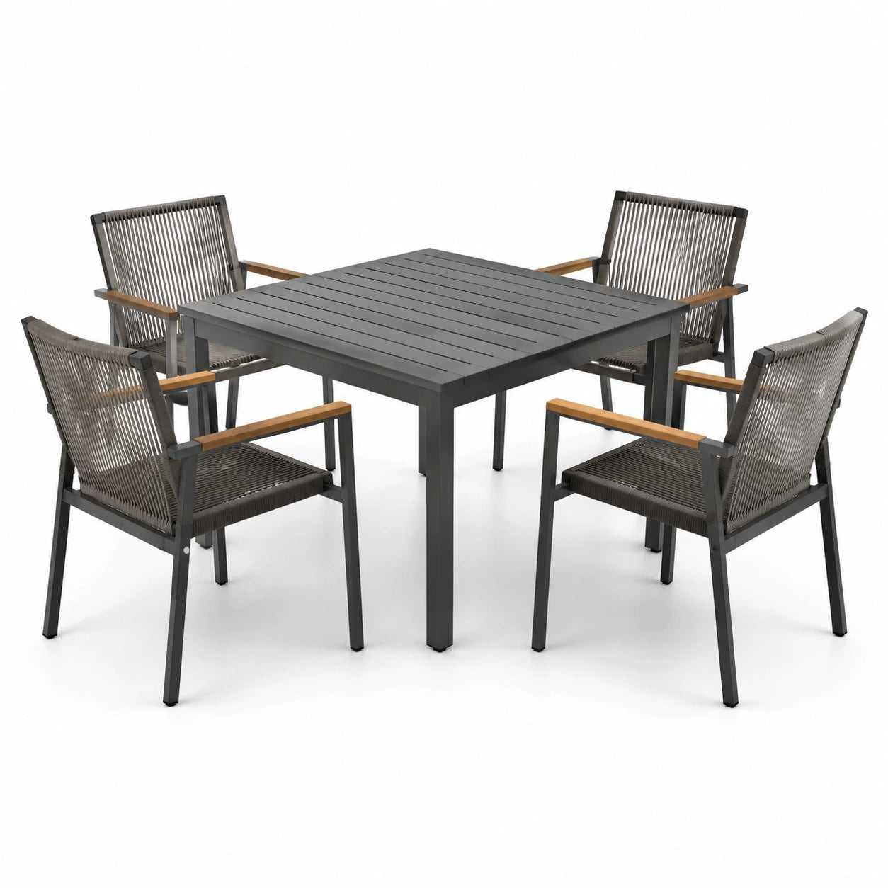 Set da pranzo in alluminio e corda con tavolo quadrato e 4 sedie