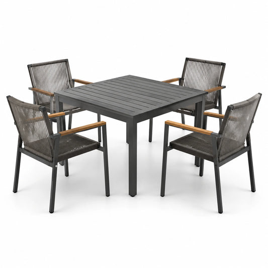Set da pranzo in alluminio e corda con tavolo quadrato e 4 sedie