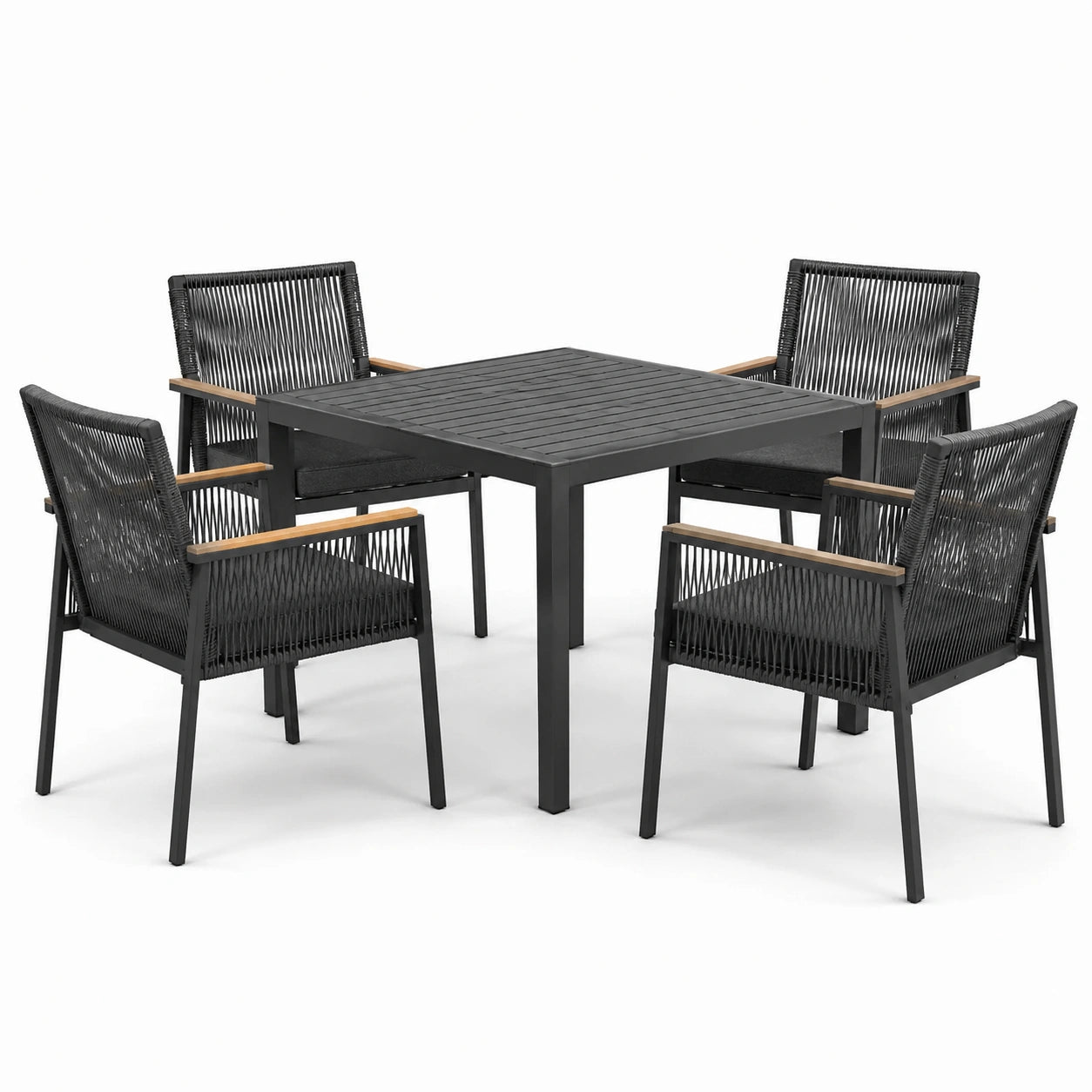 Set da pranzo da esterno in alluminio e corda con 4 sedie nere