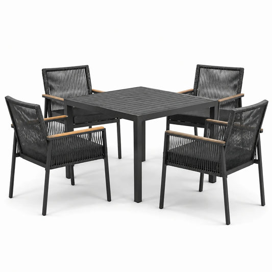 Set da pranzo da esterno in alluminio e corda con 4 sedie nere