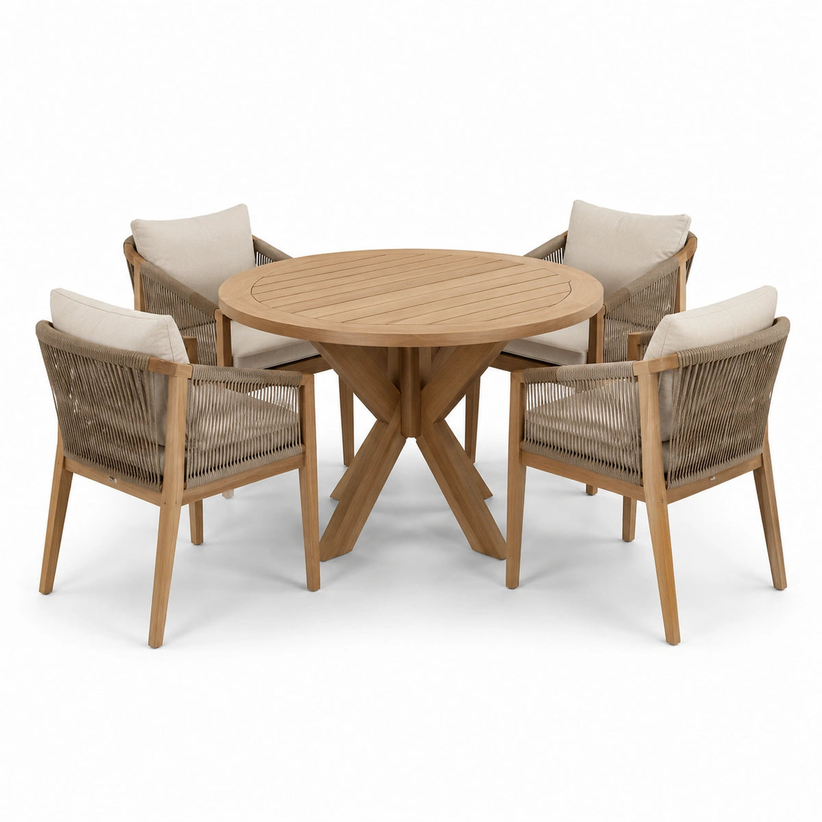 Set da pranzo in legno con tavolo rotondo e 4 sedie con cuscini beige