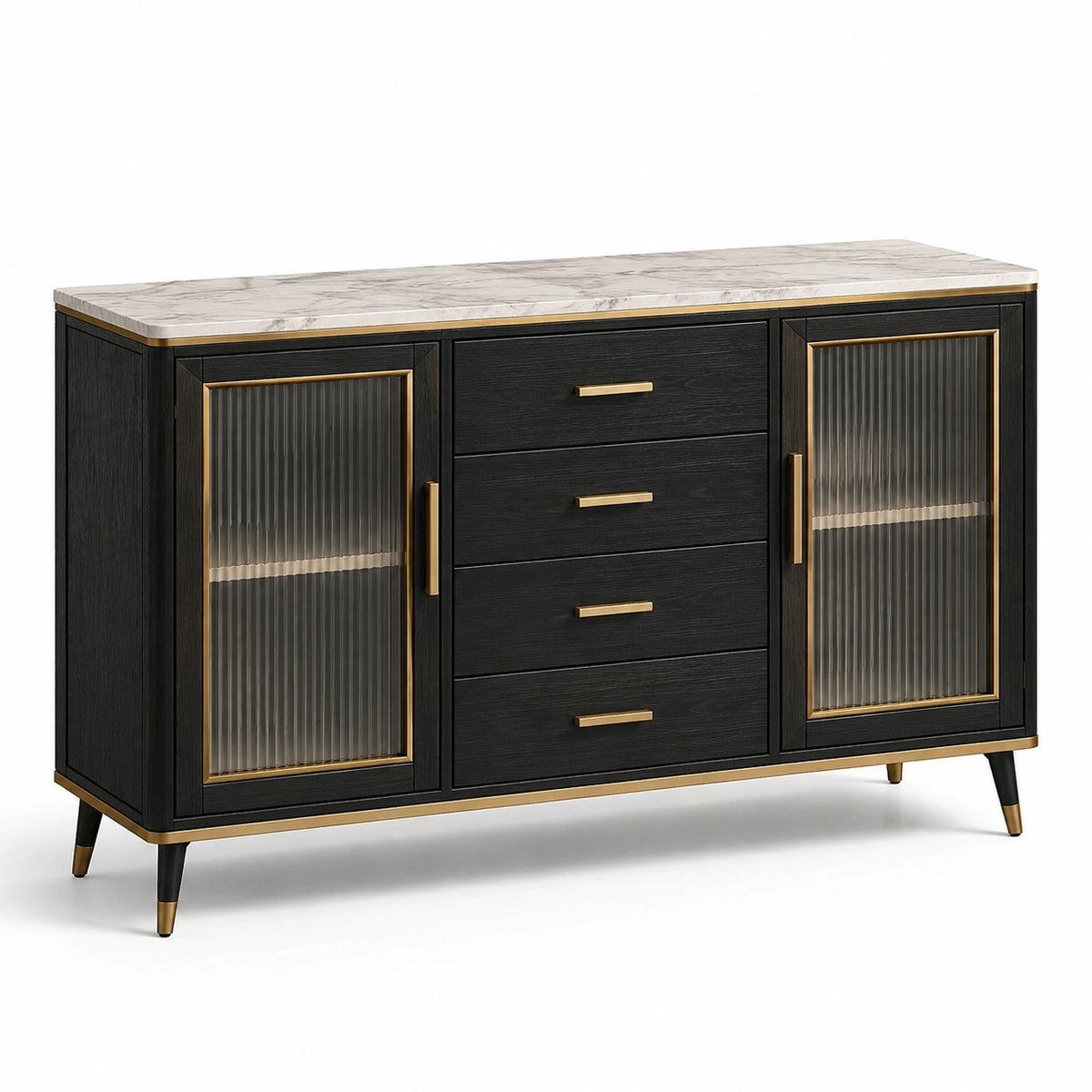 Credenza in legno e vetro con piano in marmo e finiture dorate, 150 cm