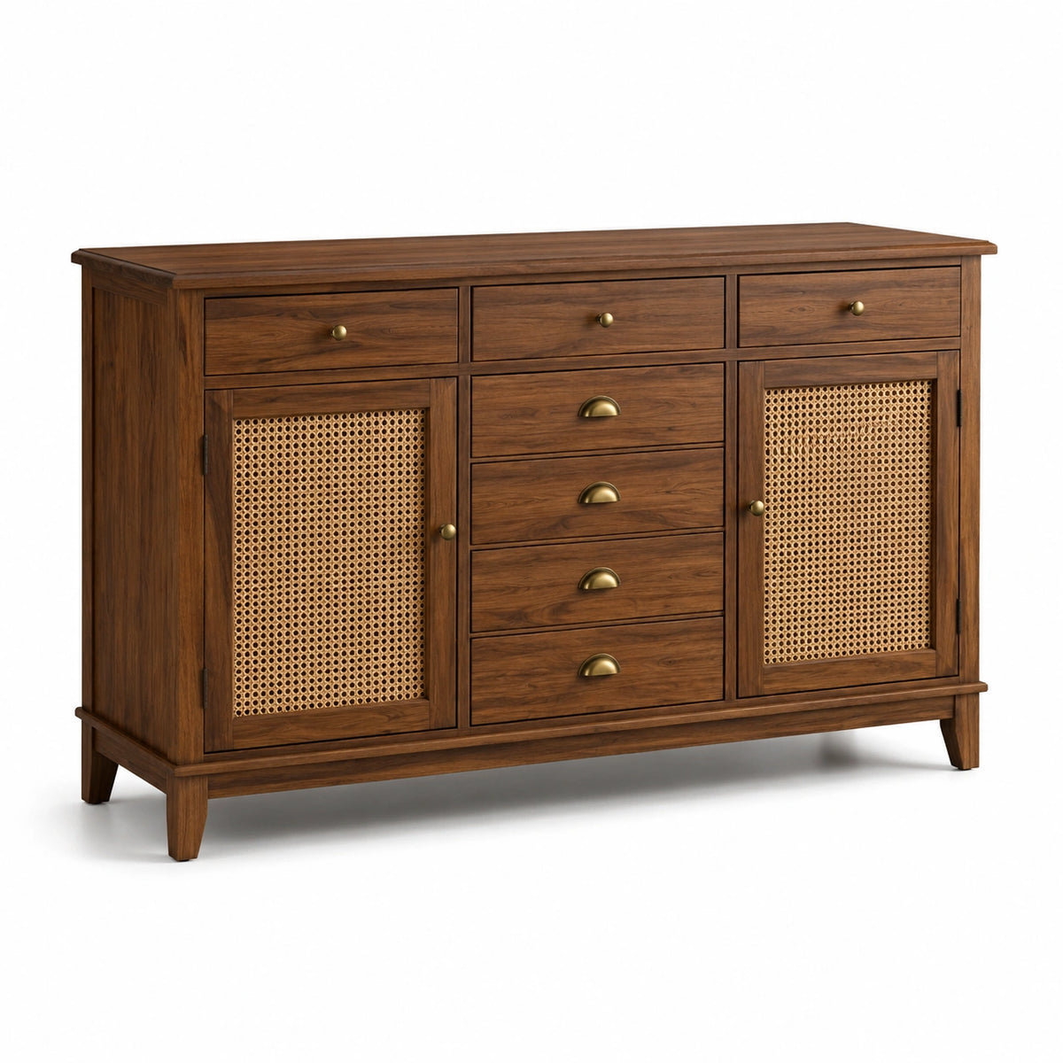 Credenza in legno con ante in rattan e cassetti multipli