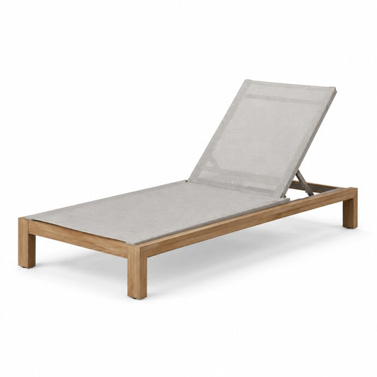Lettino prendisole in legno di teak e textilene grigio