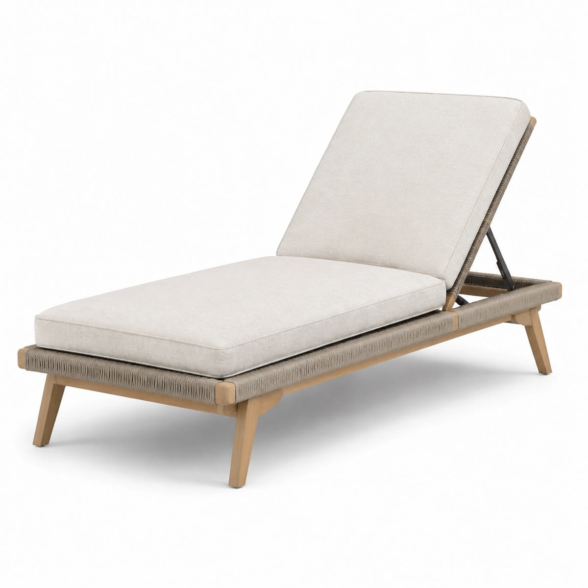 Lettino prendisole in legno con cuscini regolabili in tessuto beige