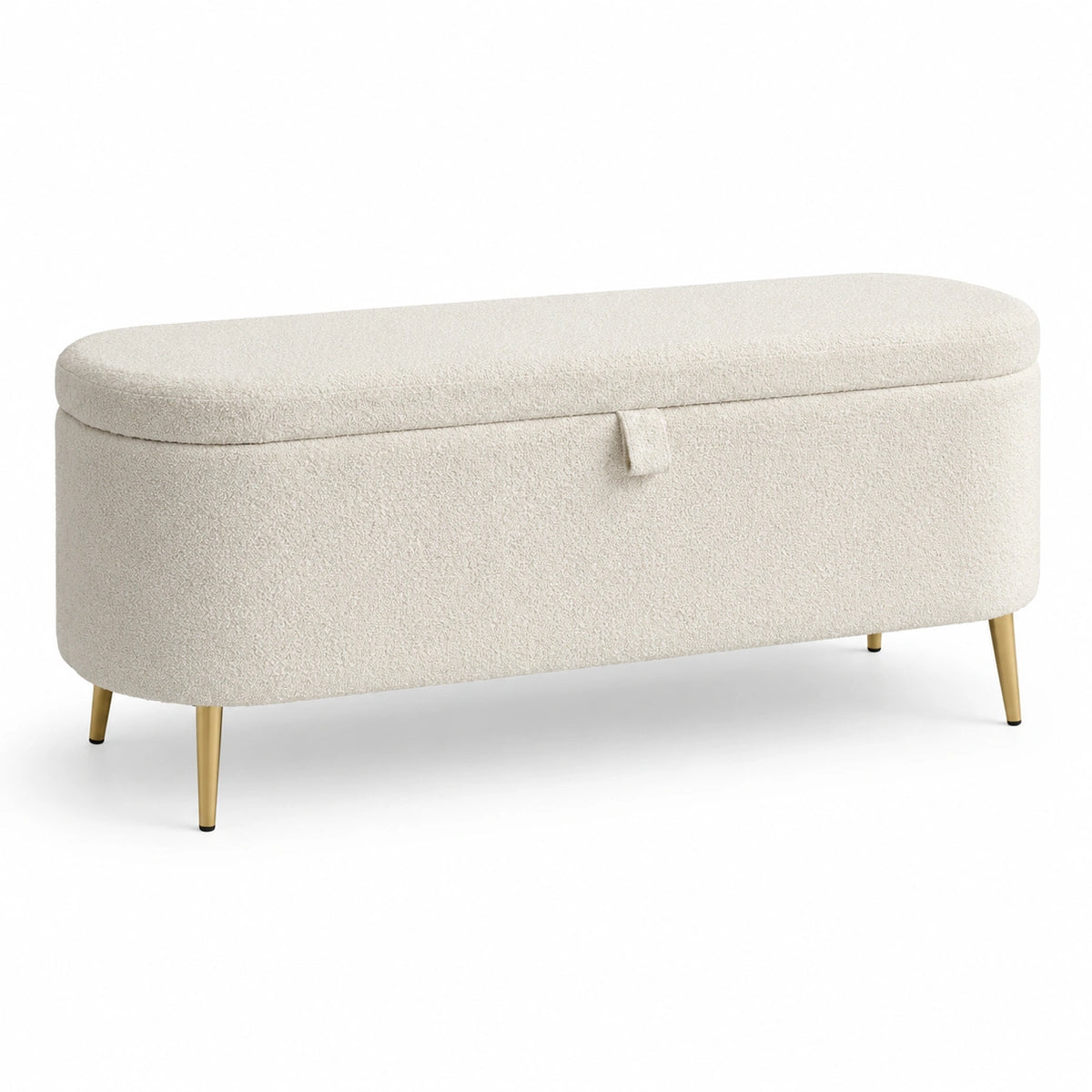 Panca contenitore in tessuto bouclé con gambe in metallo crema