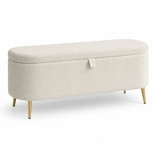 Panca contenitore in tessuto bouclé con gambe in metallo crema