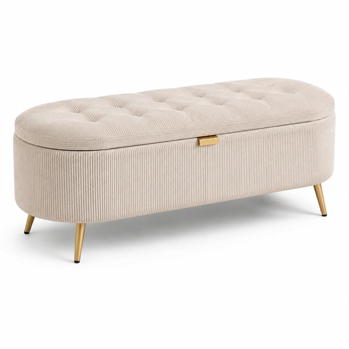 Panca contenitore in velluto a coste beige con gambe in metallo dorato 120x45x45cm