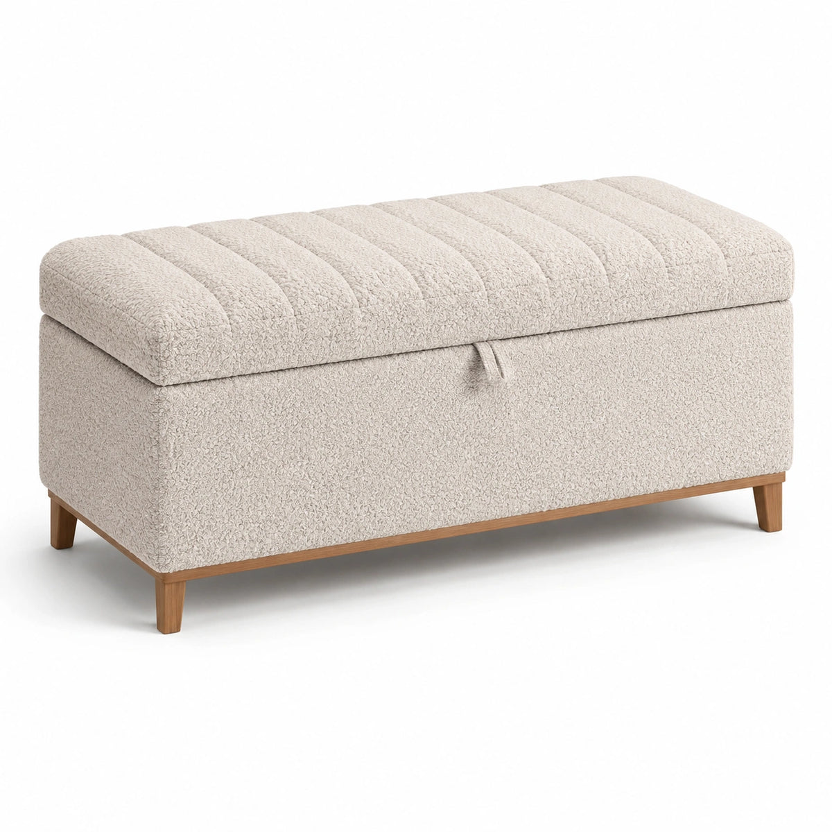 Panca contenitore in legno e tessuto bouclé beige 120x45x45 cm