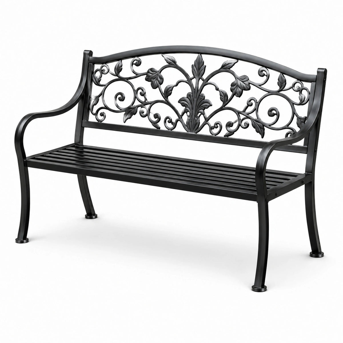 Panchina da esterno in ferro nero con schienale decorato, 128 cm