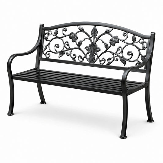 Panchina da esterno in ferro nero con schienale decorato, 128 cm
