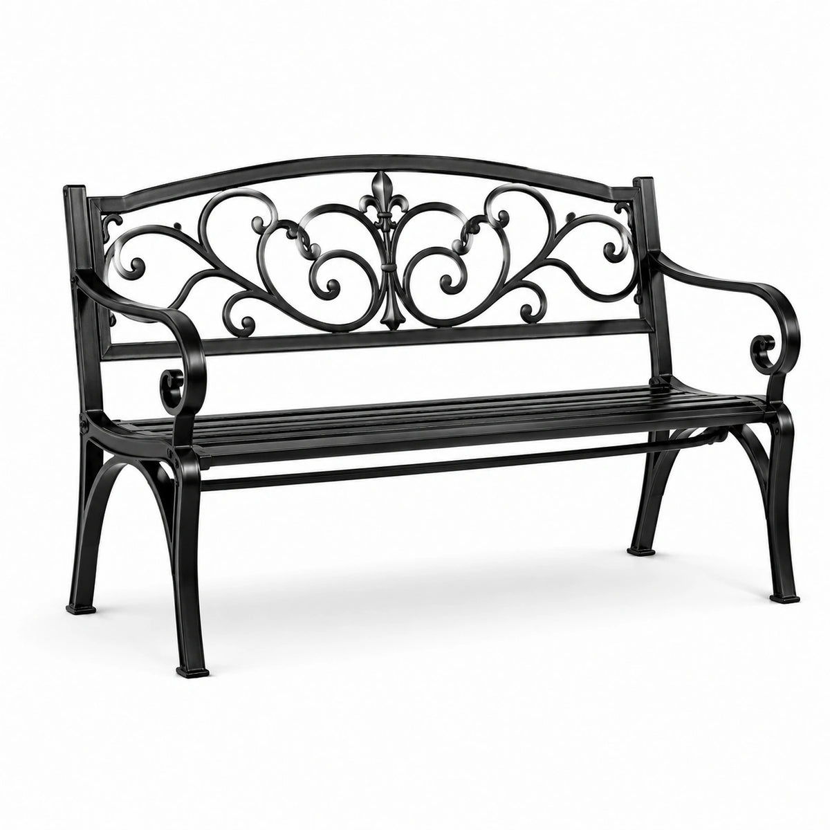Panchina da Giardino in Metallo Nero con Schienale Decorato