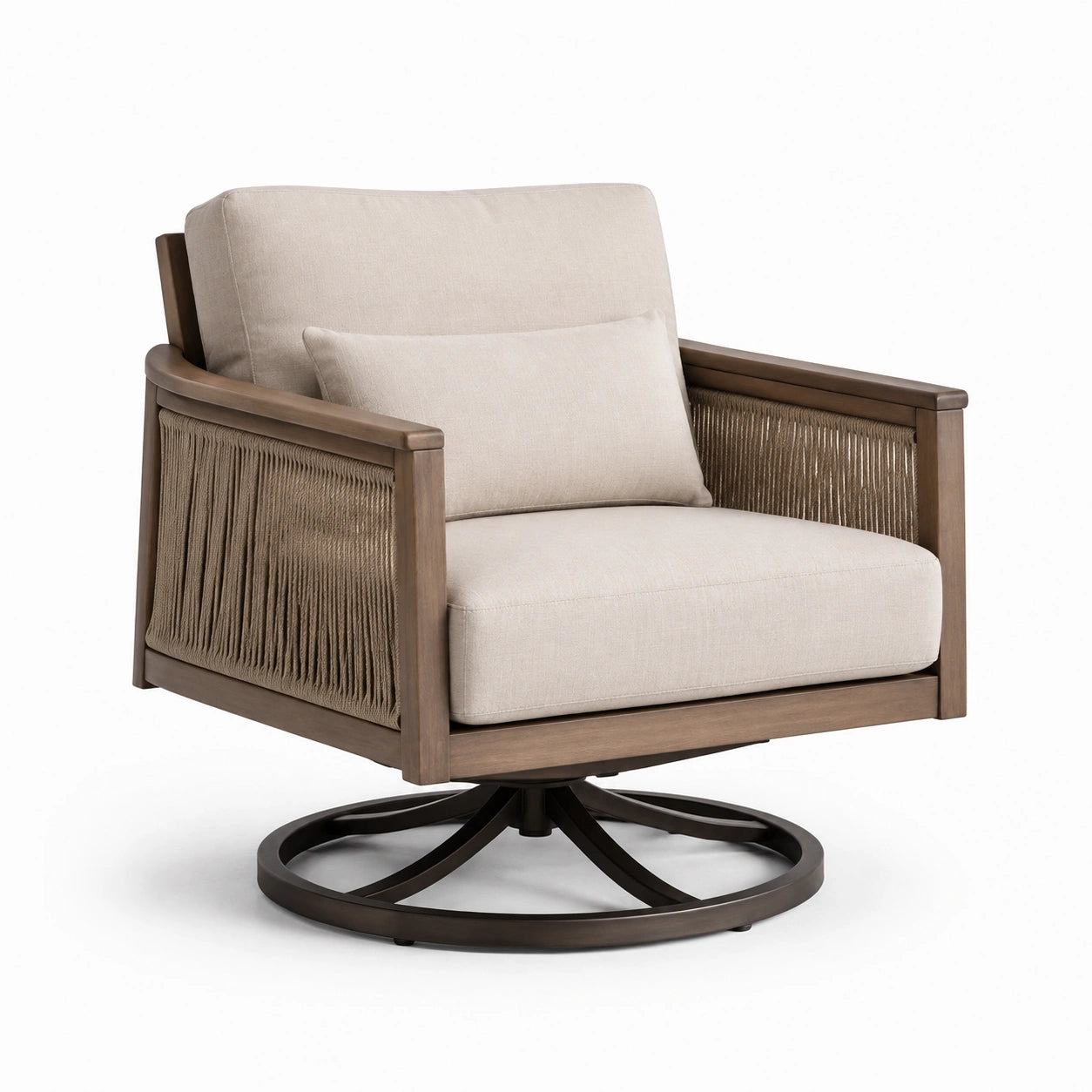 Poltrona girevole in legno con tessuto beige