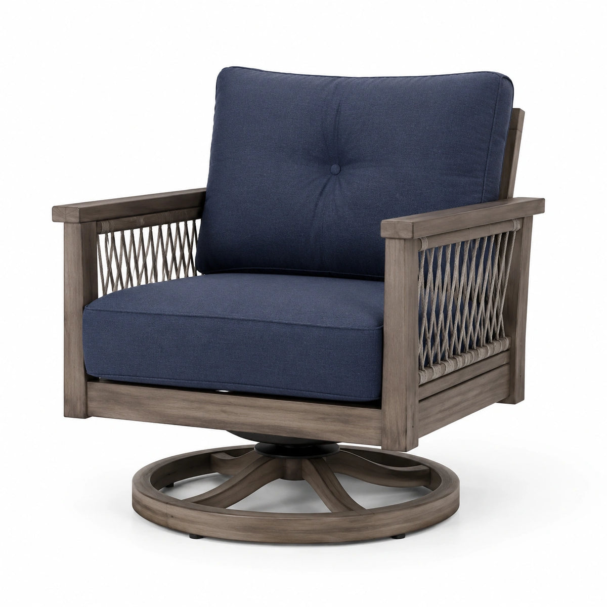 Poltrona girevole in legno massello con cuscino in poliestere blu